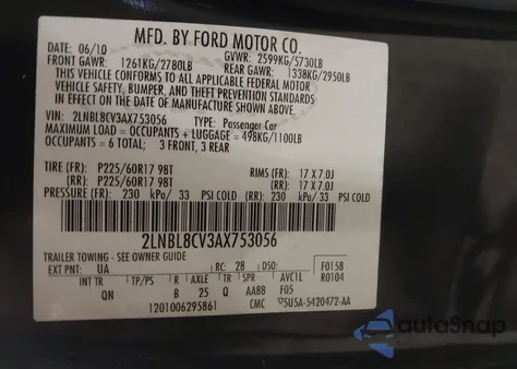 2010 Lincoln Town Car Signature Limited from USA, damaged, VIN 2LNBL8CV3AX753056